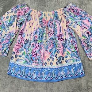 Lilly Pulitzer Top Large Nevie Macadamia Haute Cature Off the Shoulder Blouse